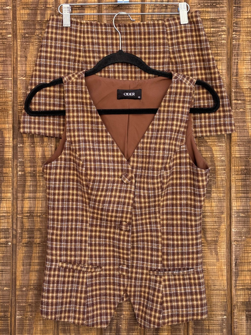 Cider Brown Plaid Button Vest & Ultra Mini Skirt Set